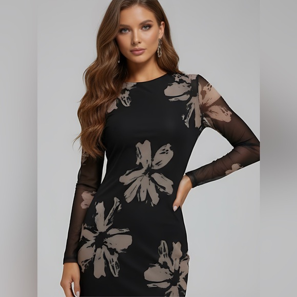 Floral Print Sheer Waist-Cinching Dress - Picture 2 of 8